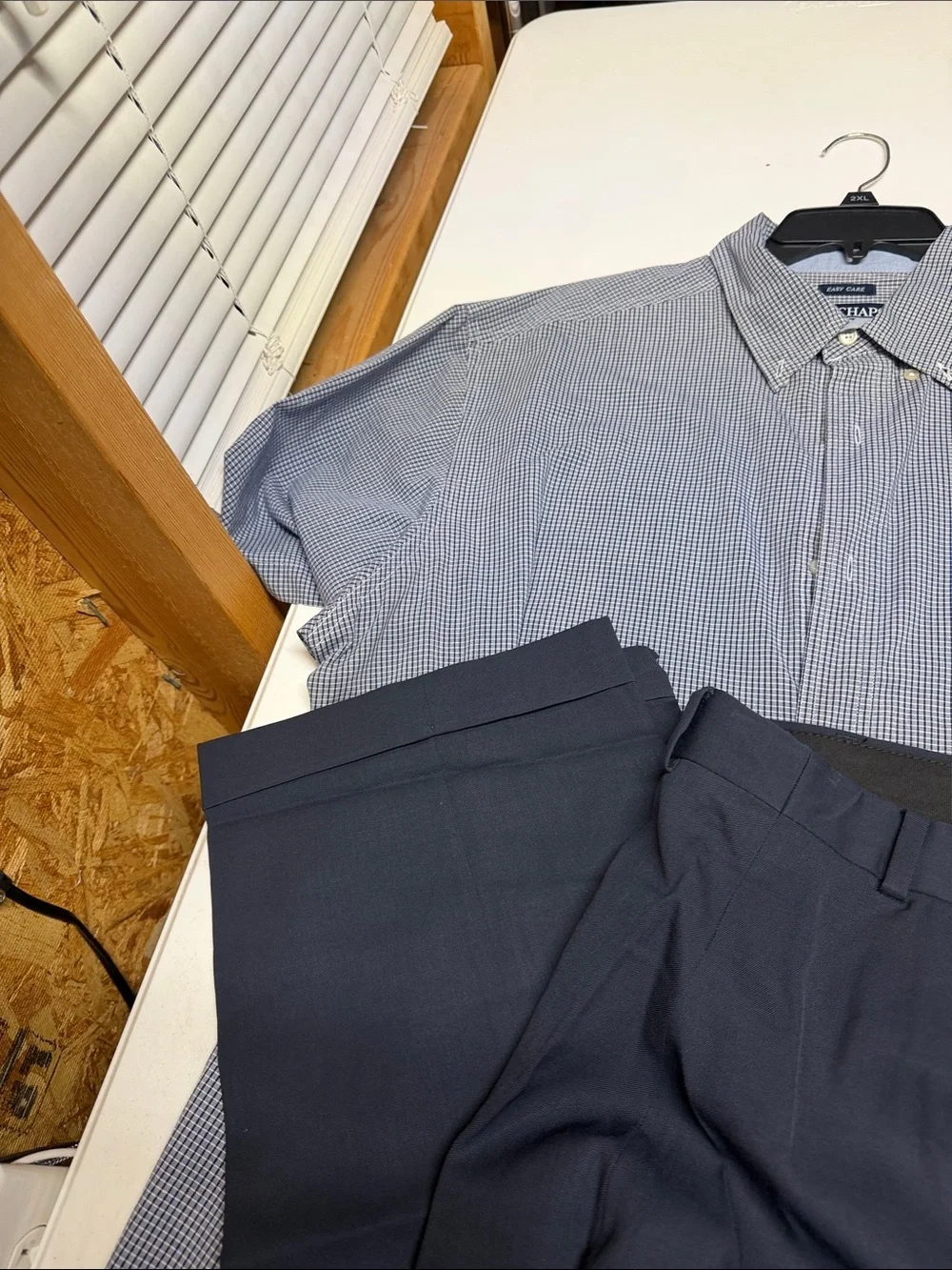 JosA.Bank Navy Dress  sz. 38 Pants with Navy Micro-Check Button-Down 2xL Shirt